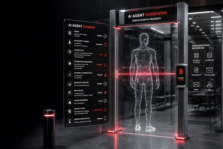 ProfCheck AI agent screening: an AI agent passing a verification gate beside an AI Agent Dossier listing origin, permissions, external connections and security risk.