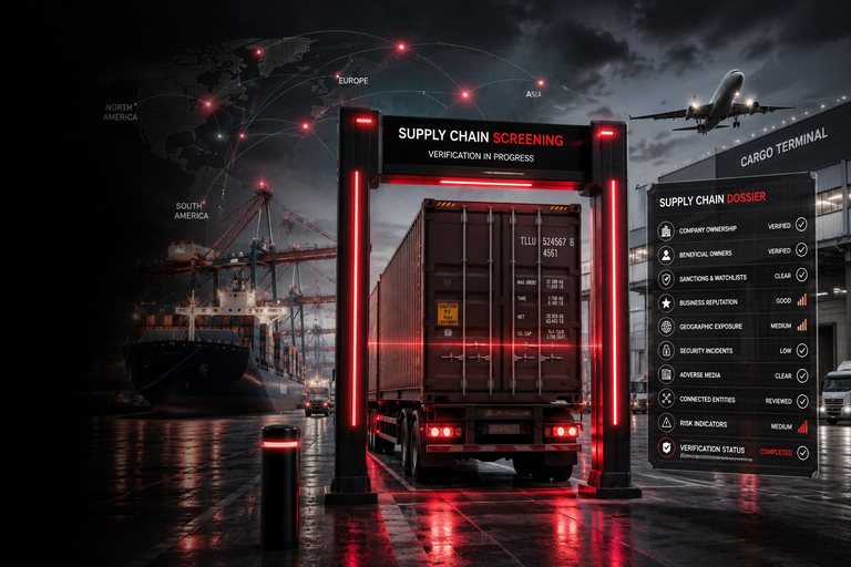 ProfCheck supply-chain screening: a cargo container passing a verification gate at a port, beside a Supply Chain Dossier listing company ownership, sanctions, reputation and risk indicators.